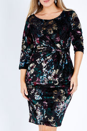 Model Jess wearing size 14 of the Janelle Dress in colour Moonstone (Black), from the front, cropped image