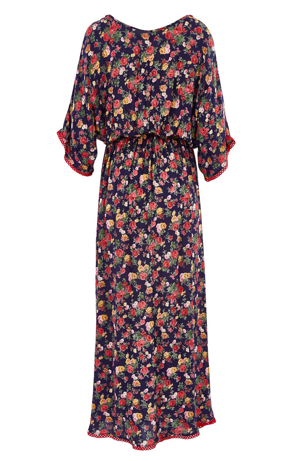 Product shot of the Flamingo Dress Roza Print in colour Navy (Blue), from the back