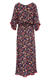 Product shot of the Flamingo Dress Roza Print in colour Navy (Blue), from the back