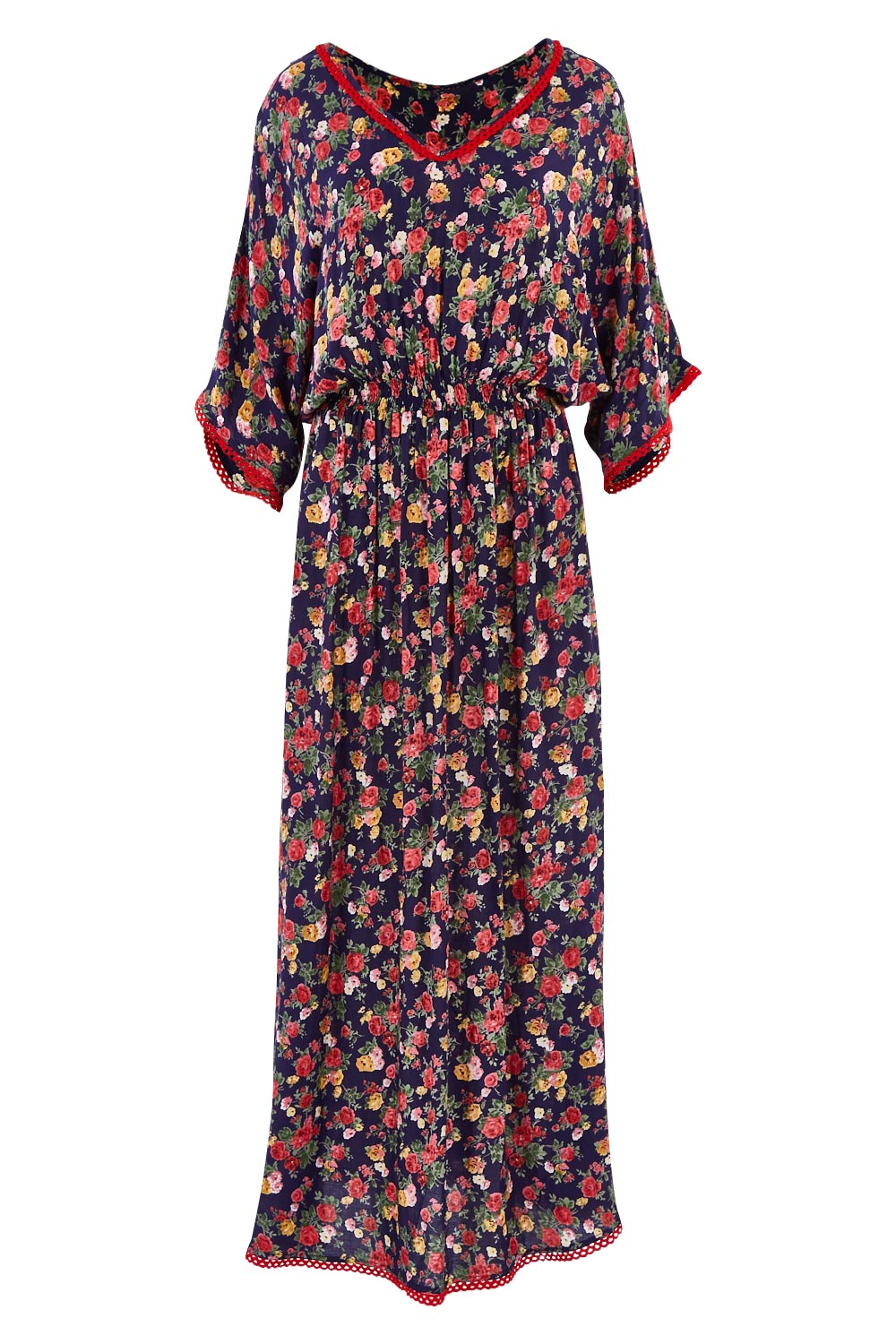 Product shot of the Flamingo Dress Roza Print in colour Navy (Blue), from the front