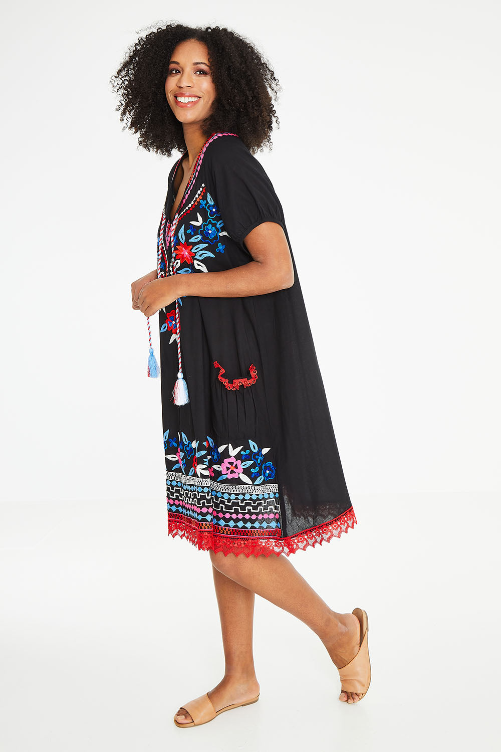 Model Schanez wearing size S of the Sao Paulo Dress Nova in colour Floralemb (Black), from the front, showing the whole outfit