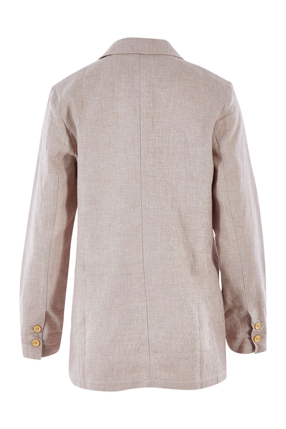 Product shot of the Cotton Linen Longline Blazer in colour Desertsand, from the back