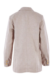 Product shot of the Cotton Linen Longline Blazer in colour Desertsand, from the back
