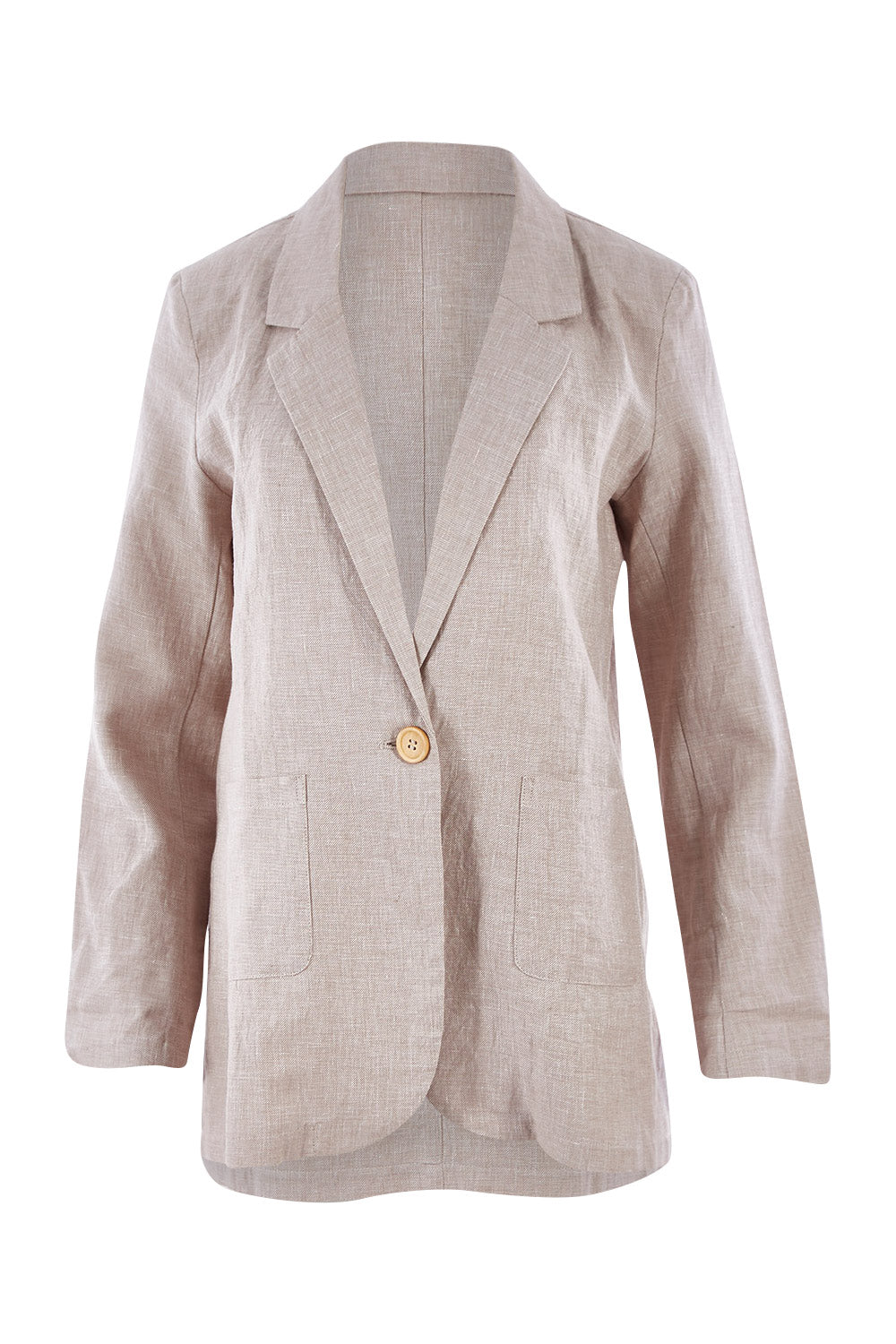 Product shot of the Cotton Linen Longline Blazer in colour Desertsand, from the front