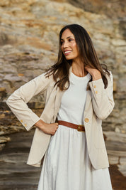 Model Amanda wearing size 10 of the Cotton Linen Longline Blazer in colour Sand, from the front, showing the whole outfit