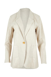 Product shot of the Cotton Linen Longline Blazer in colour Sand, from the front