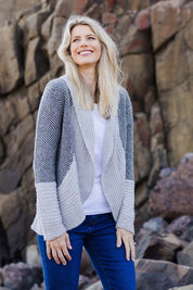 Model Kelly wearing size S of the Wool Cocoon Cardigan in colour Grey (Grey), from the front, showing the whole outfit