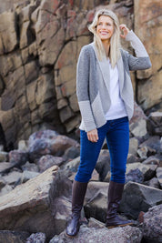 Model Kelly wearing size S of the Wool Cocoon Cardigan in colour Grey (Grey), from the front, showing the whole outfit