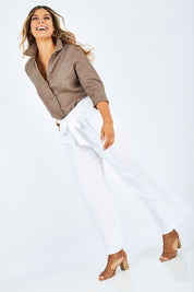 Model Palatina wearing size 14 of the Linen Long Line Pants in colour Salt (White), from the front, showing the whole outfit