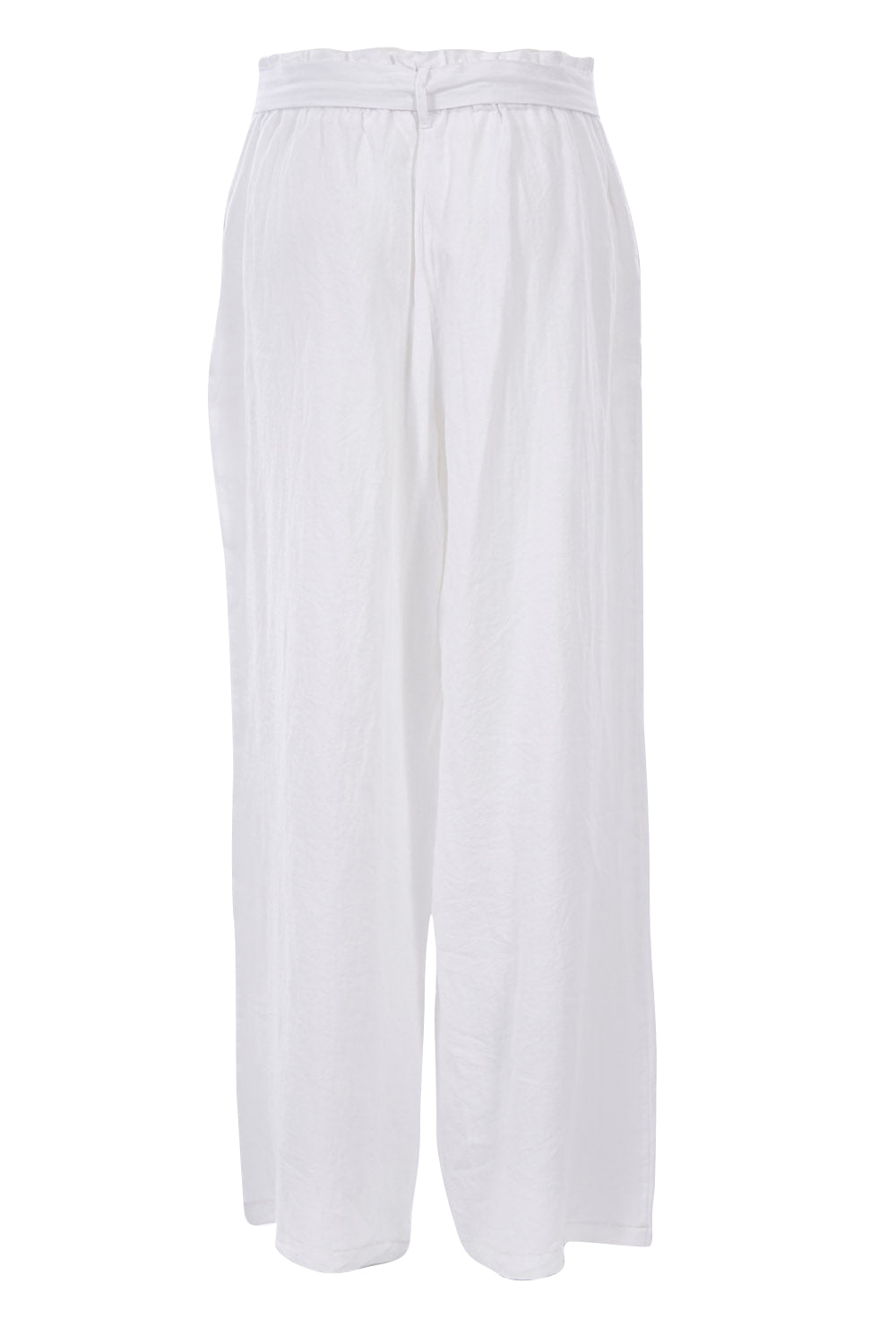 Product shot of the Linen Long Line Pants in colour Salt (White), from the back