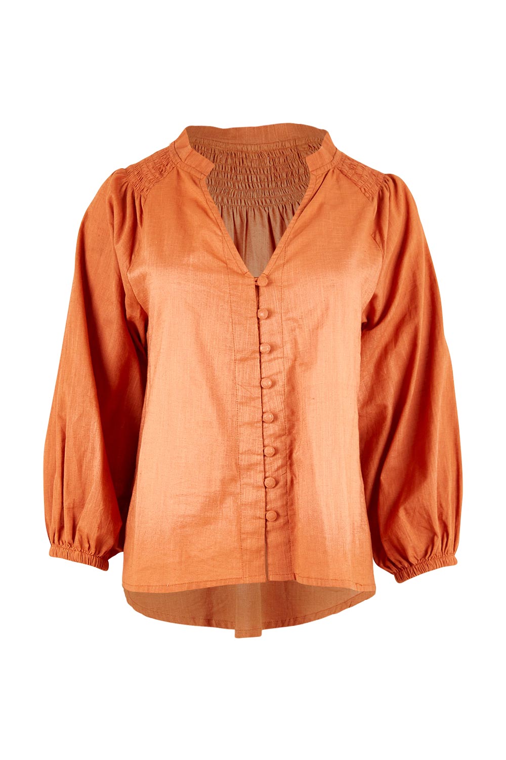Product shot of the Gaia Top in colour Rust, from the front