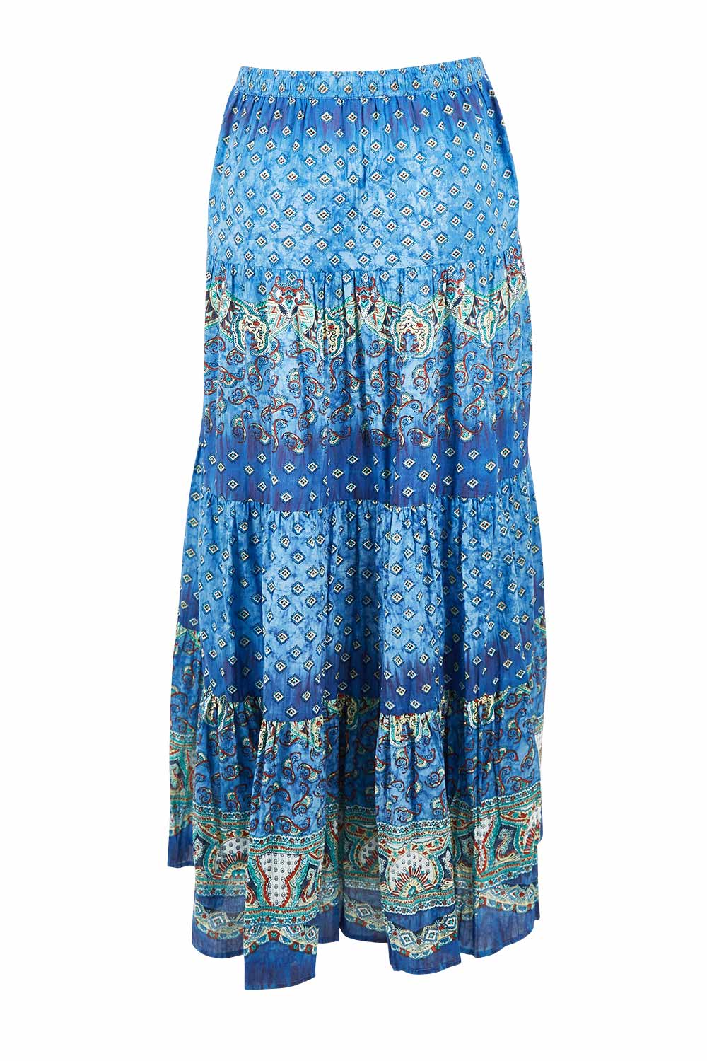 Product shot of the Maxime Organic Cotton Crinkle Skirt in colour Print (Blue), from the back
