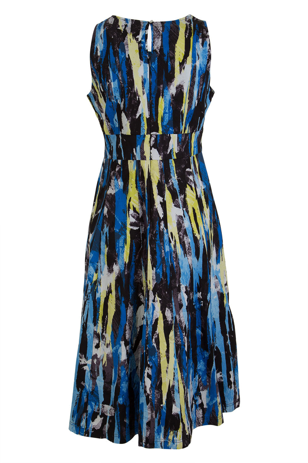 Product shot of the Troy Dress in colour Print (Blue), from the back