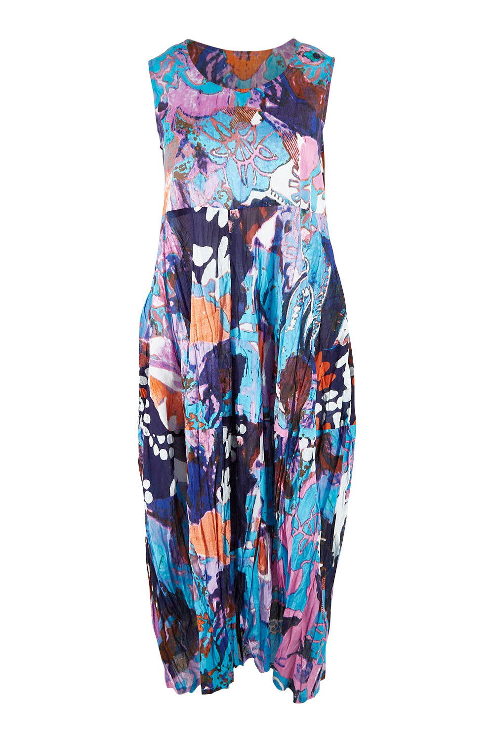 Product shot of the Printed Organic Cotton Dress in colour Orientblue (Blue), from the front