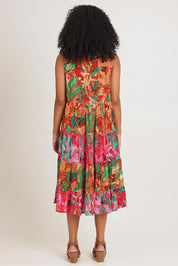 Model Ziara wearing size 10 of the Sleeveless Midi Dress in colour Saopaulo, from the back