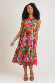 Model Ziara wearing size 10 of the Sleeveless Midi Dress in colour Saopaulo, from the front, showing the whole outfit