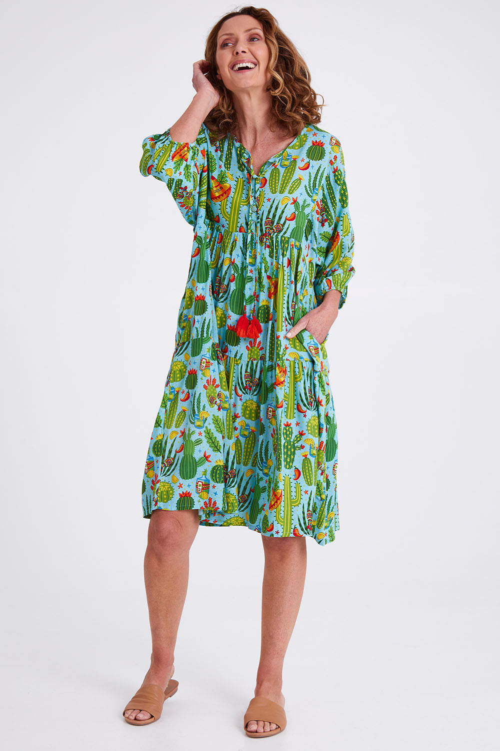 Model Emma wearing size 10 of the El Paso Boho Dress in colour Print (Blue), from the front, showing the whole outfit