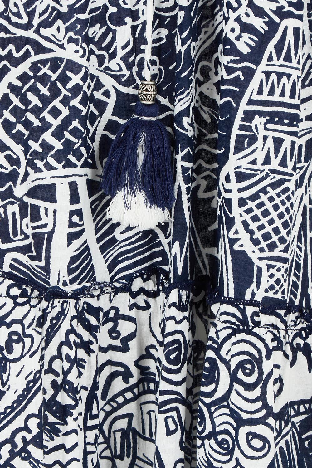 Product shot of the Sleeveless Cotton Boho Dress in colour Navy, detail