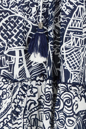 Product shot of the Sleeveless Cotton Boho Dress in colour Navy, detail