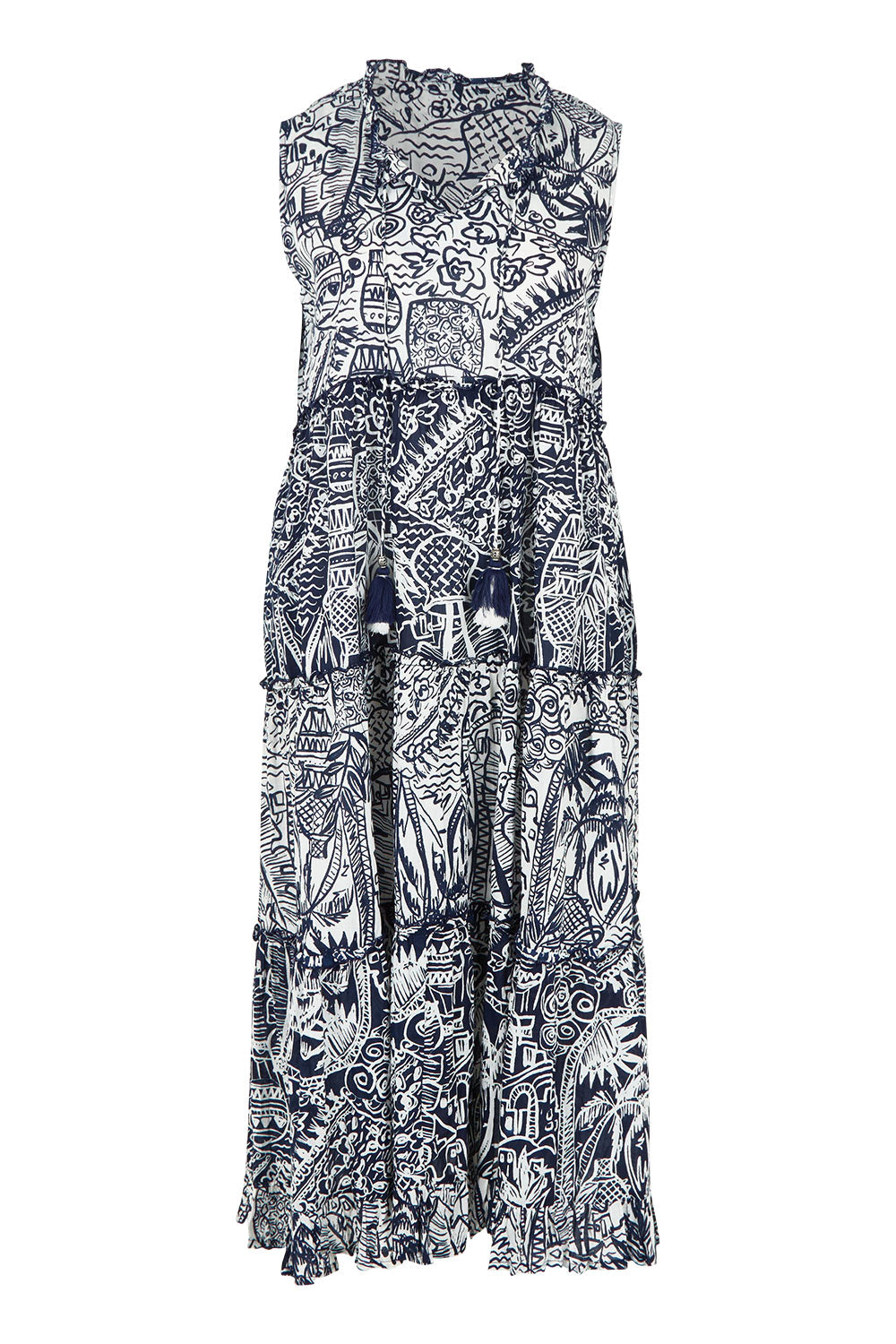 Product shot of the Sleeveless Cotton Boho Dress in colour Navy, from the front