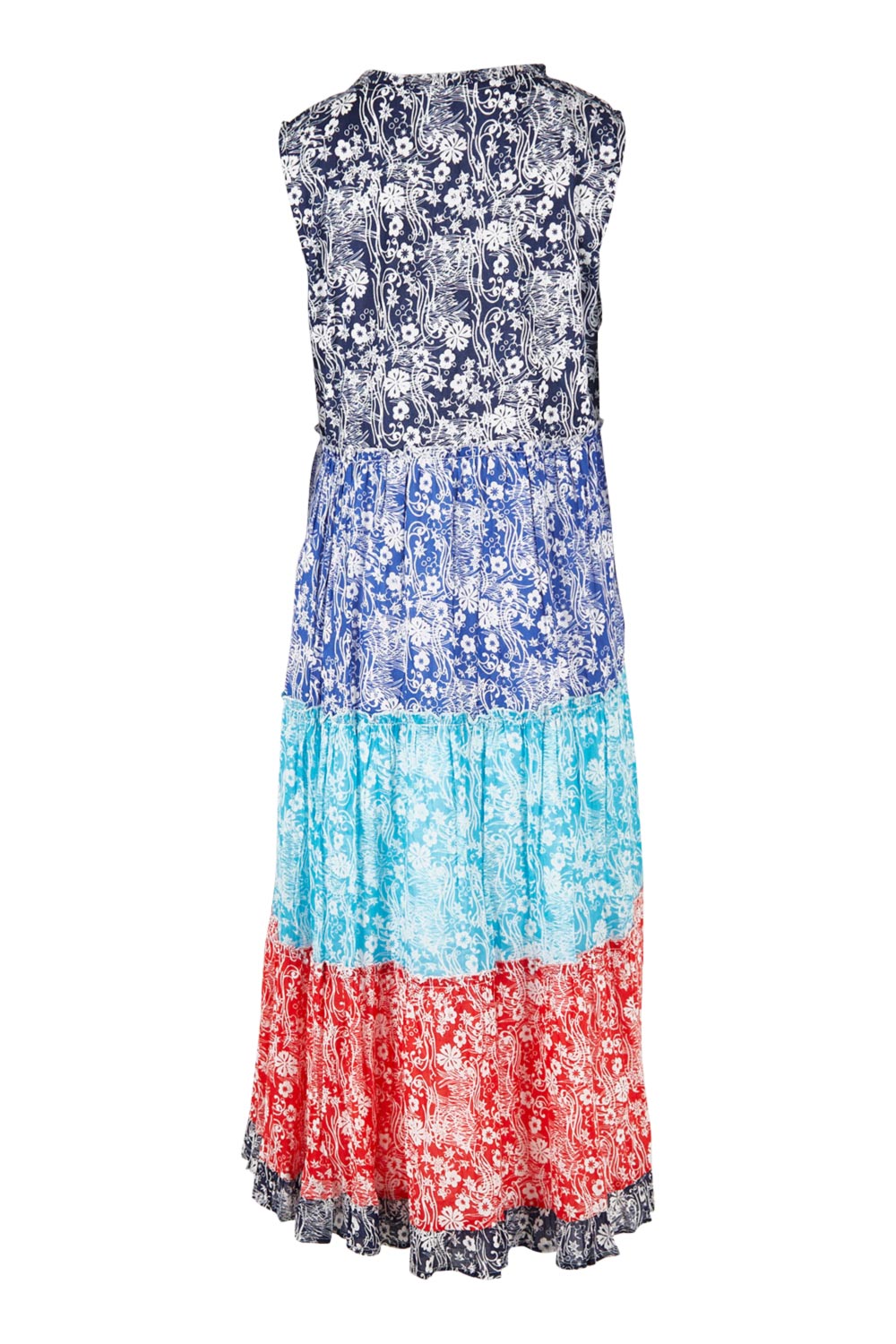 Product shot of the Cappadocia Organic Cotton Sleeveless Dress in colour Mix (Blue), from the back