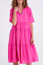 Model Emma wearing size 10 of the Collared Midi Organic Cotton Dress in colour Rose (Pink), from the front, cropped image