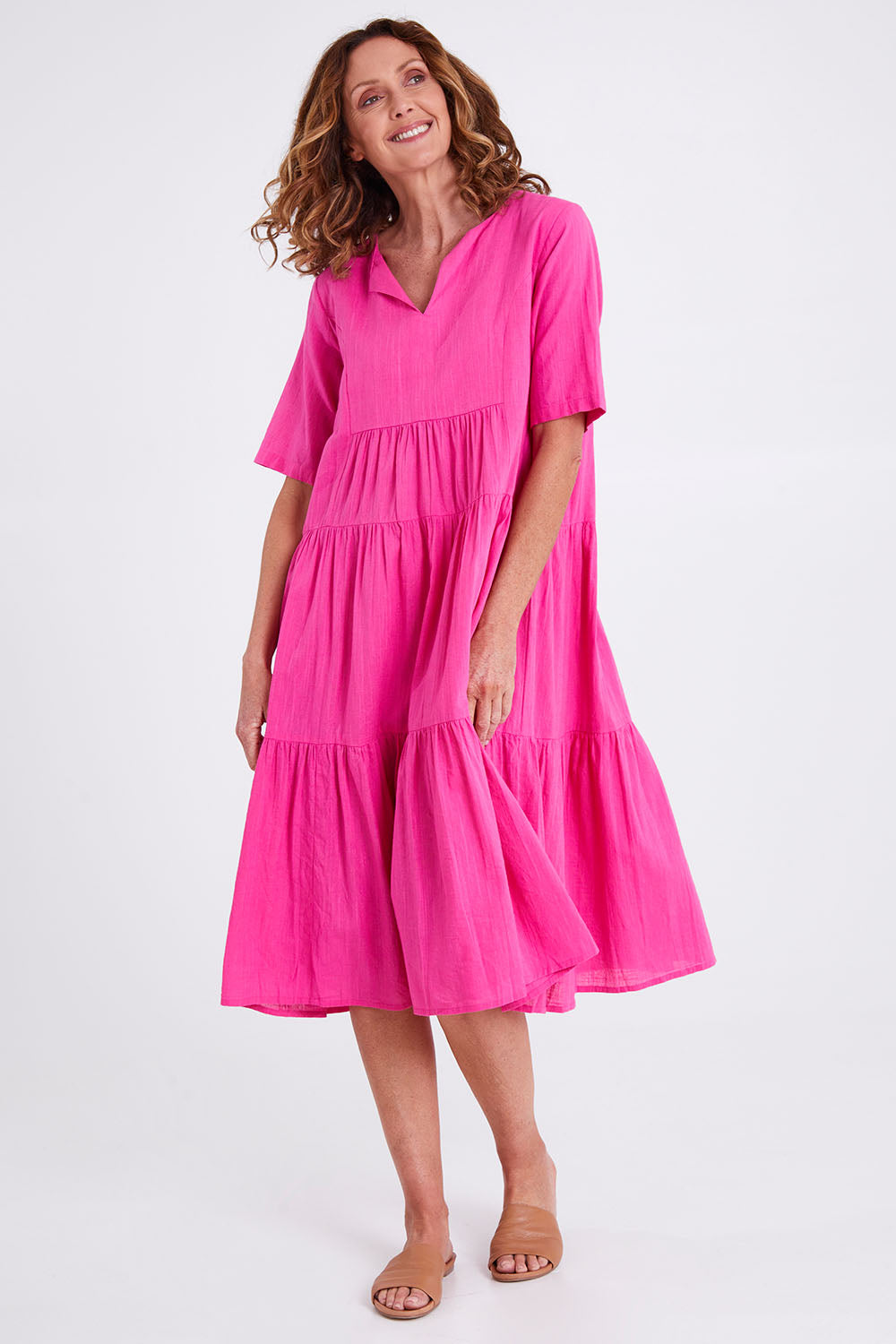 Model Emma wearing size 10 of the Collared Midi Organic Cotton Dress in colour Rose (Pink), from the front, showing the whole outfit