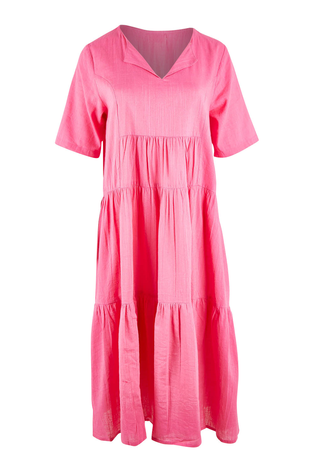 Product shot of the Collared Midi Organic Cotton Dress in colour Rose (Pink), from the front