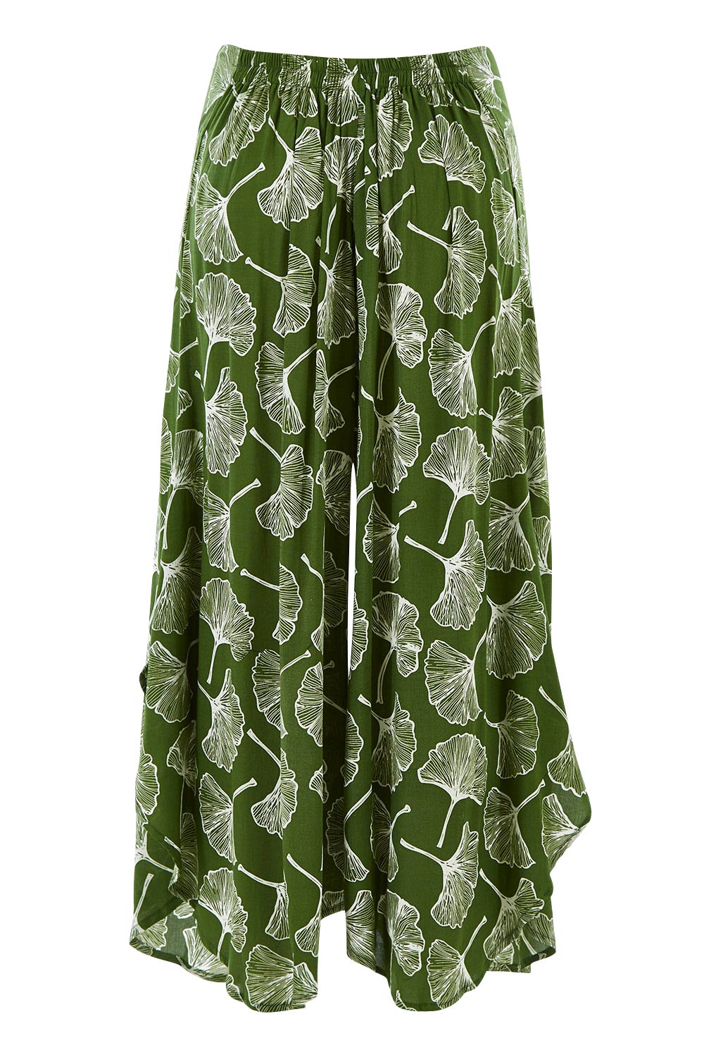 Product shot of the Rayon Flare Pant in colour Greenleaf (Green), from the back