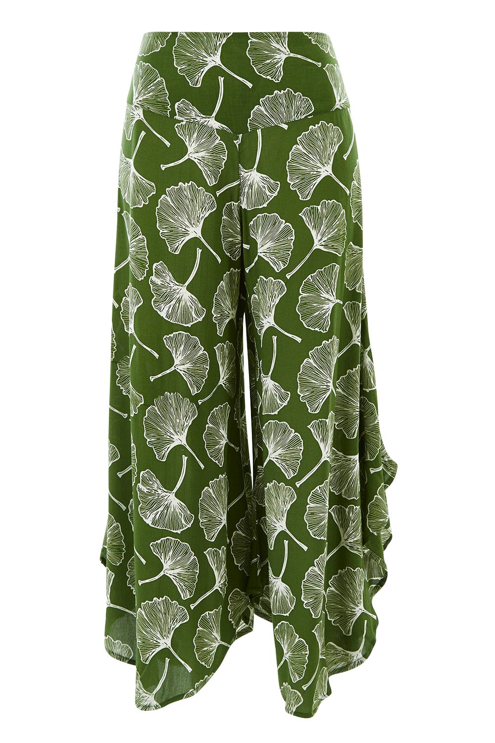 Product shot of the Rayon Flare Pant in colour Greenleaf (Green), from the front
