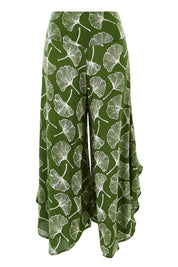 Product shot of the Rayon Flare Pant in colour Greenleaf (Green), from the front