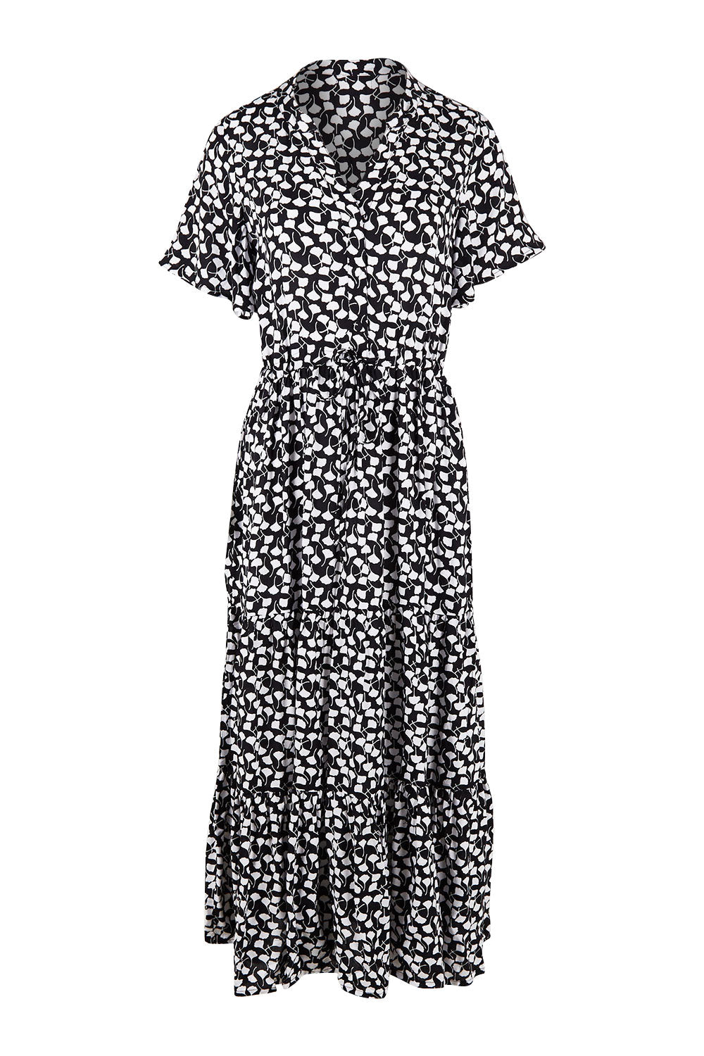 Product shot of the Flutter Sleeve Maxi Dress in colour Blkprint (Black), from the front