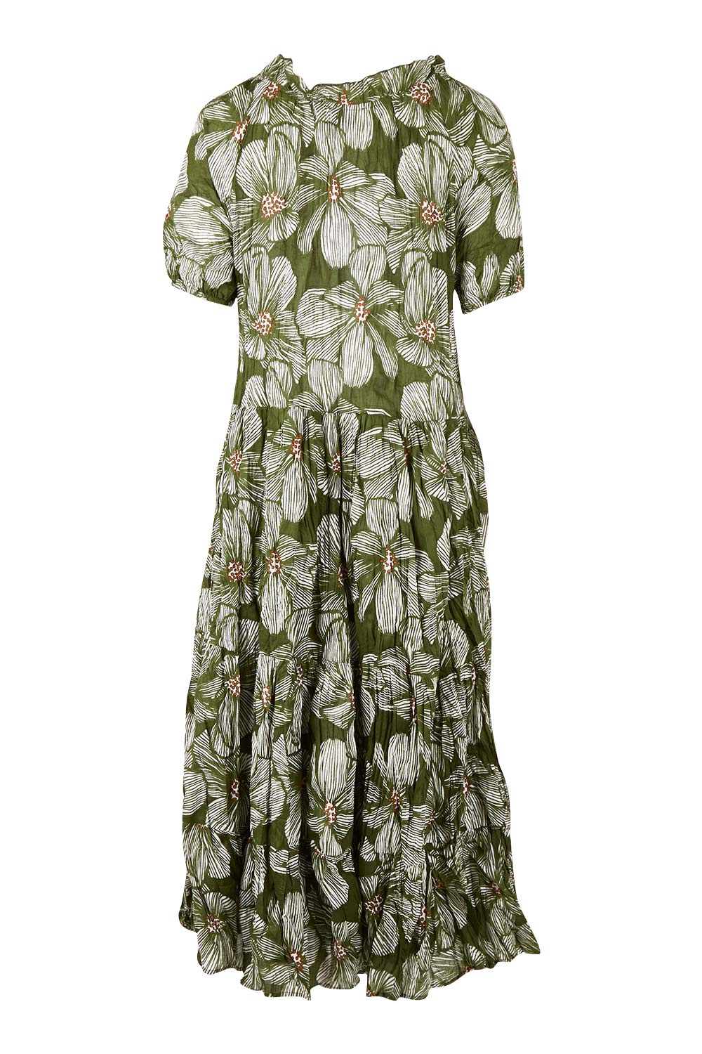 Product shot of the Cotton Tiered Dress in colour Greenprint (Green), from the back
