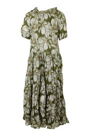 Product shot of the Cotton Tiered Dress in colour Greenprint (Green), from the back