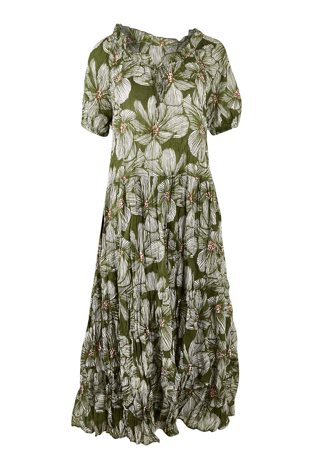 Product shot of the Cotton Tiered Dress in colour Greenprint (Green), from the front