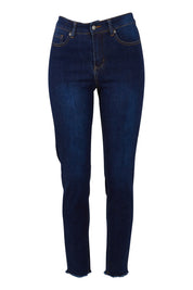 Product shot of the Frayed Slim Fit Jean in colour Darkblue (Blue), from the front