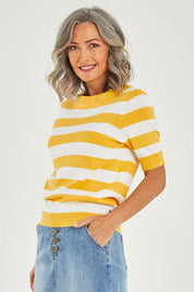 Model Luisa wearing size 10 of the Meadow Sweet Jumper in colour Yellow, from the front, cropped image