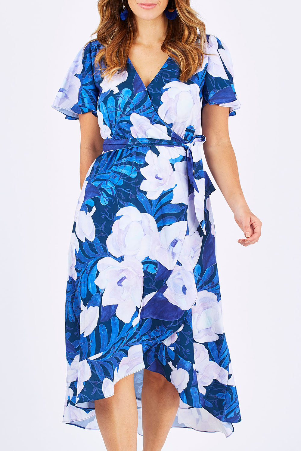 Model Laura wearing size 12 of the Adoria Dress in colour NavyWhite (Blue), from the front, cropped image