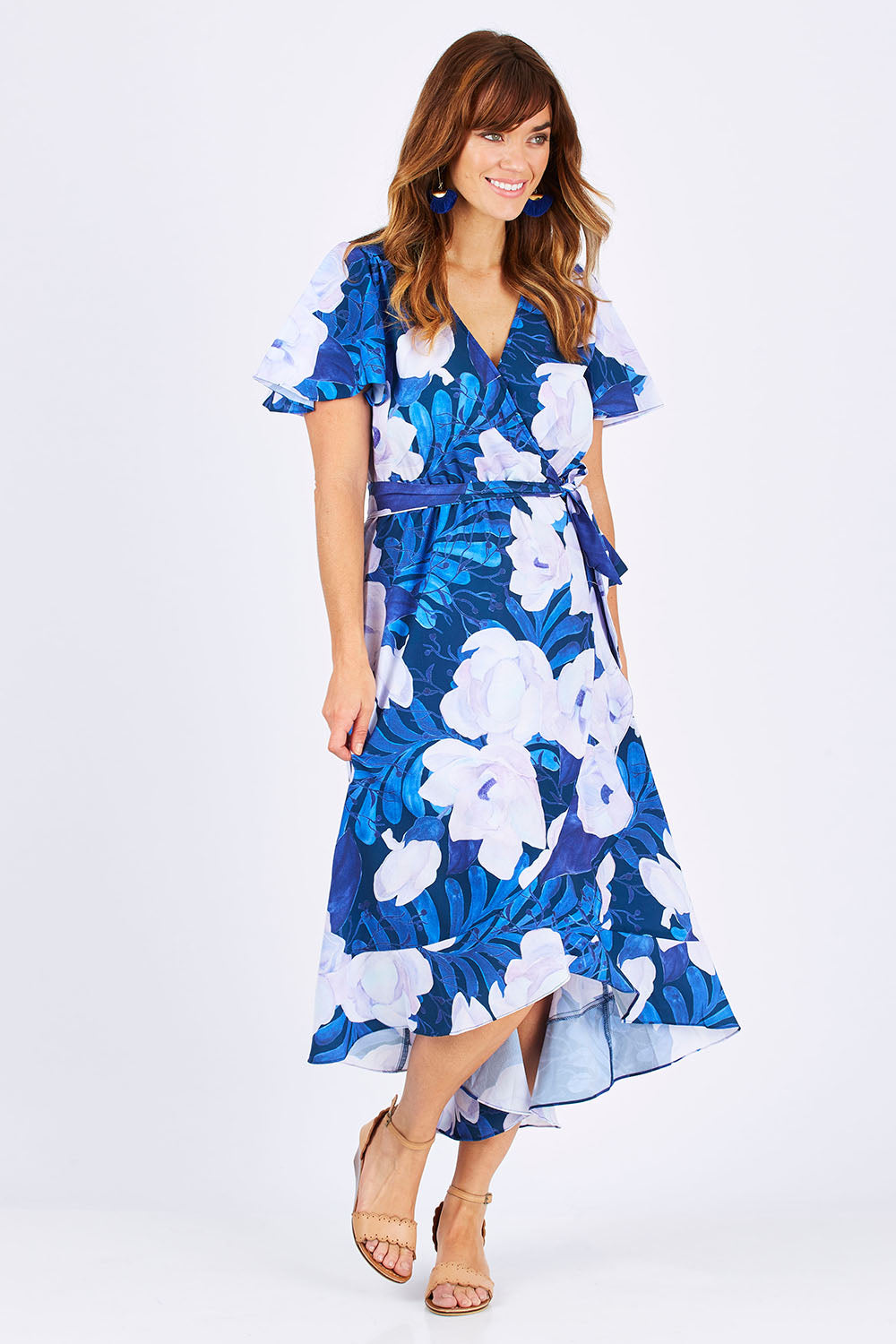 Model Laura wearing size 12 of the Adoria Dress in colour NavyWhite (Blue), from the front, showing the whole outfit