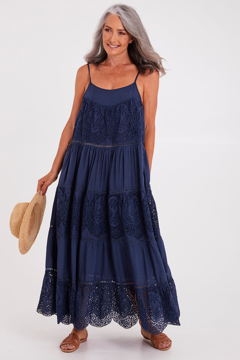 Model Luisa wearing size S of the Carly Maxi in colour Navy (Blue), from the front, showing the whole outfit