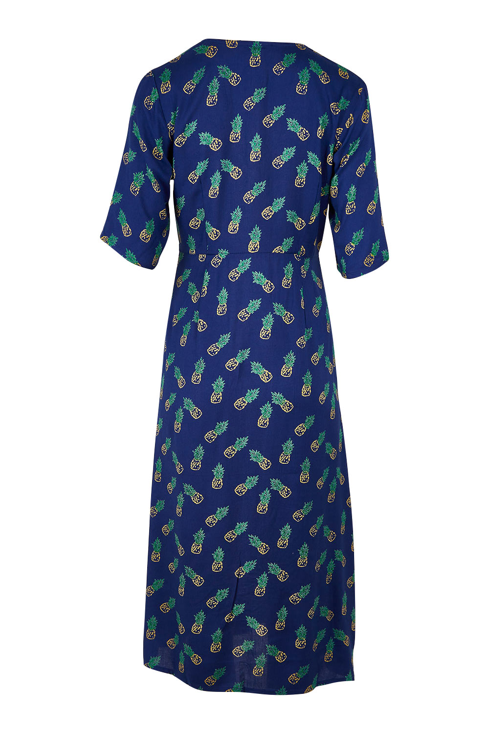 Product shot of the Frenchie Dress in colour Pinapples (Blue), from the back