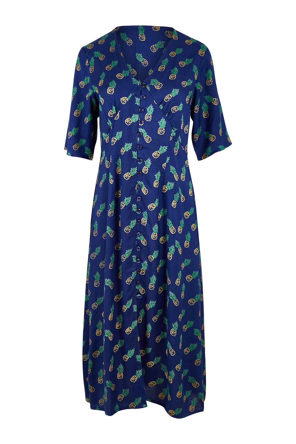 Product shot of the Frenchie Dress in colour Pinapples (Blue), from the front