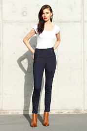 A model wearing the High Rise Ankle Grazier Jeans in colour Denim (Blue), from the front, showing the whole outfit