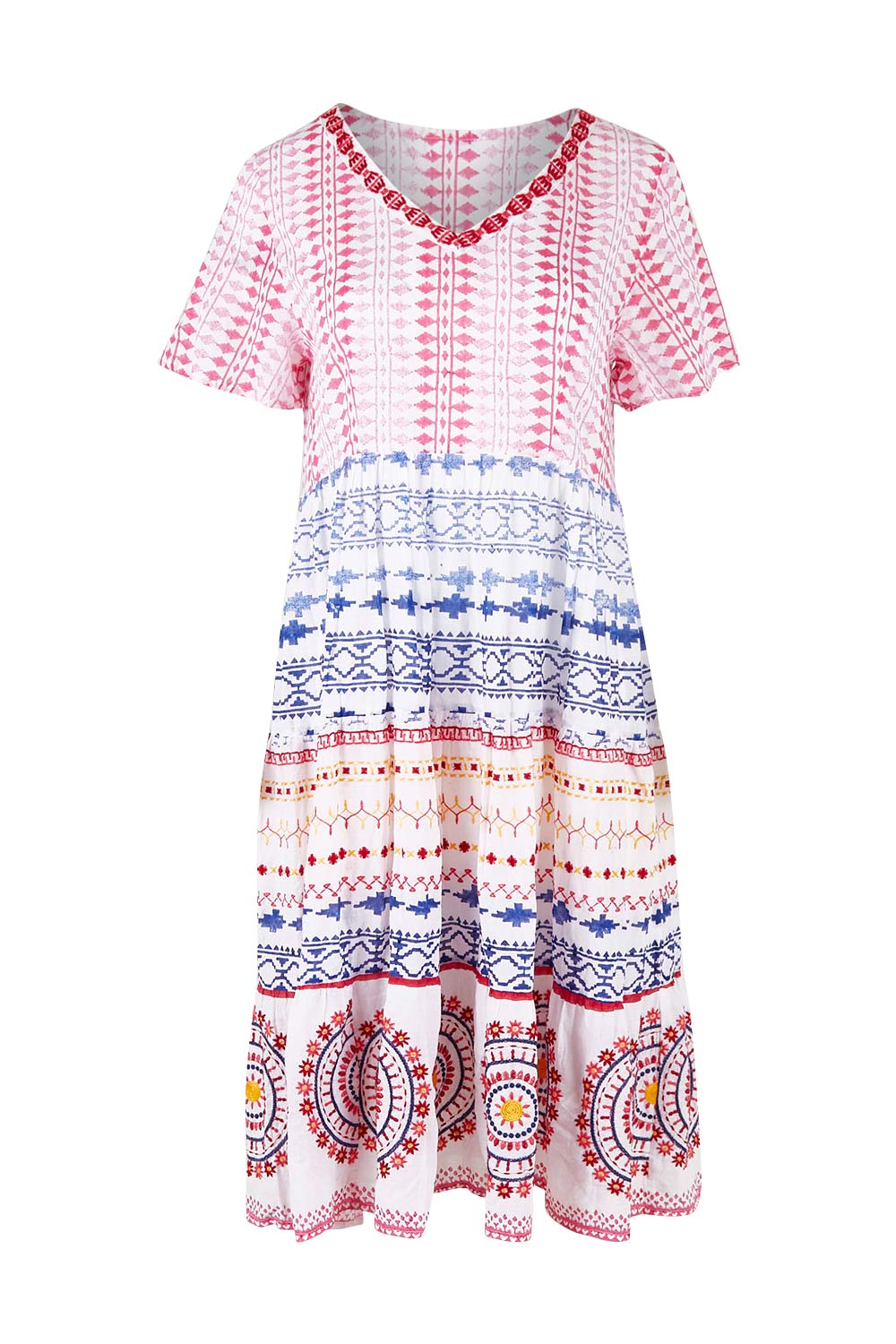Product shot of the Sealers Cove Cotton Dress in colour Multi (Red), from the front