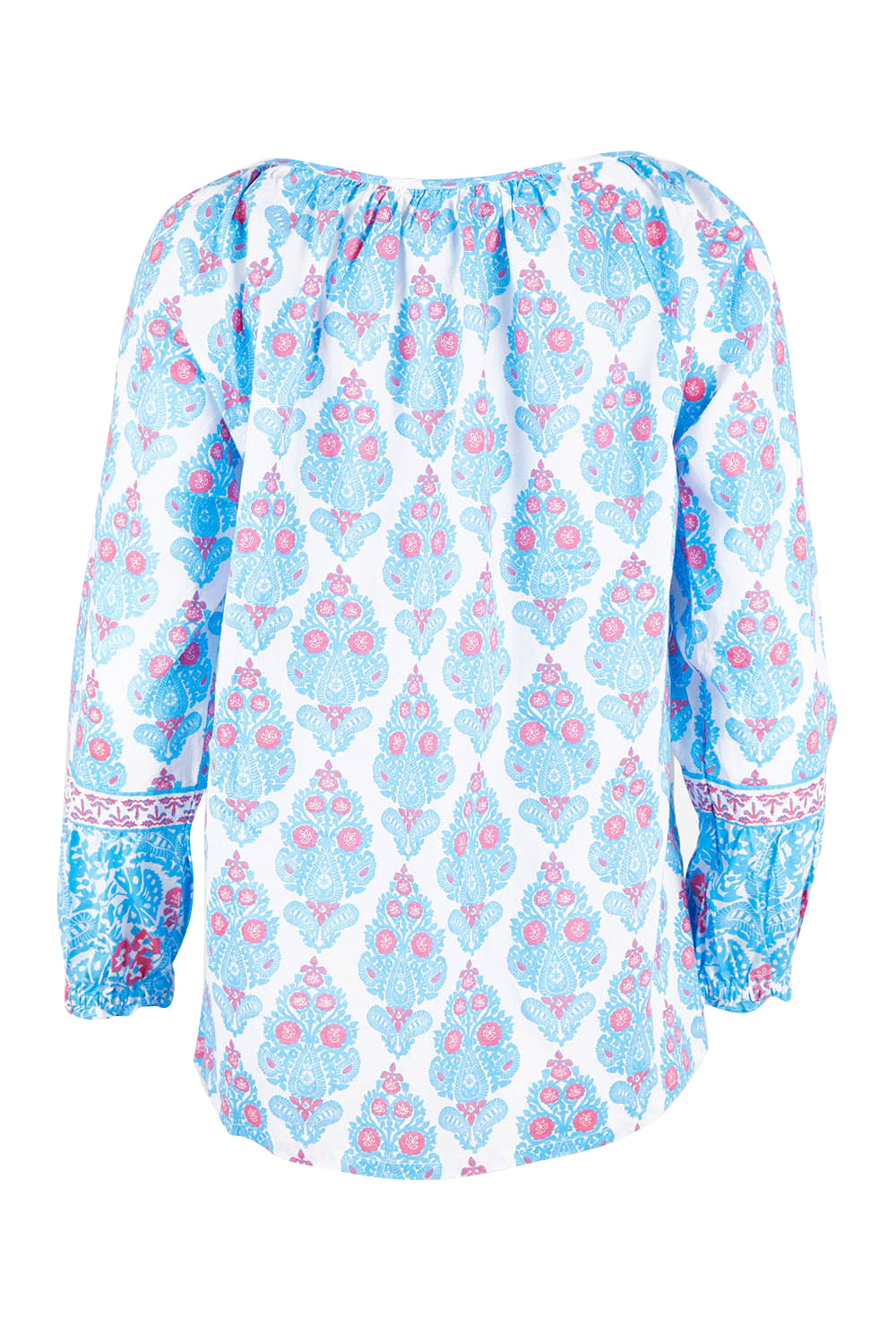 Product shot of the Moonta Bay Cotton Blouse in colour Bluepink (Blue), from the back