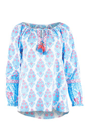 Product shot of the Moonta Bay Cotton Blouse in colour Bluepink (Blue), from the front