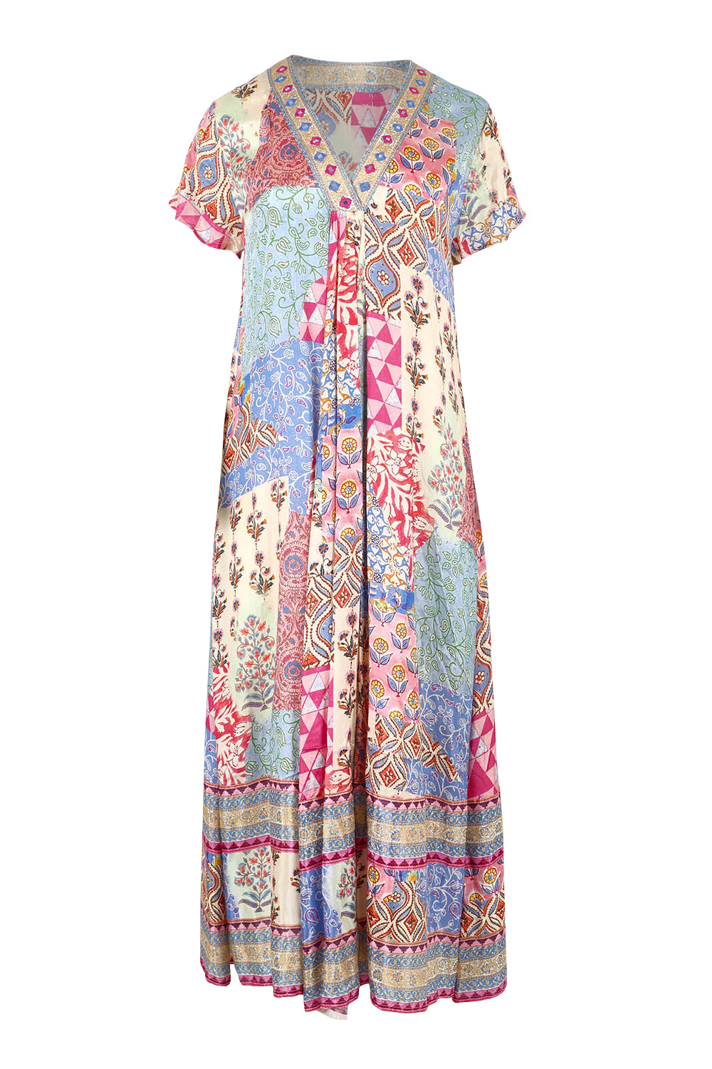 Product shot of the Mindil Beach Maxi Dress in colour Patchwork, from the front