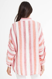 Model Madeline wearing size S of the Milano Shirt in colour Santstrip (Pink), from the back