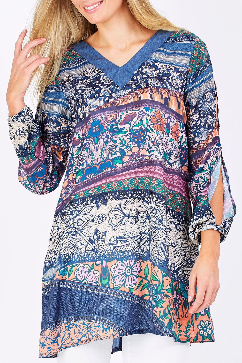 Model Maddy wearing the Indica Dress in colour Violet (Purple), from the front, cropped image