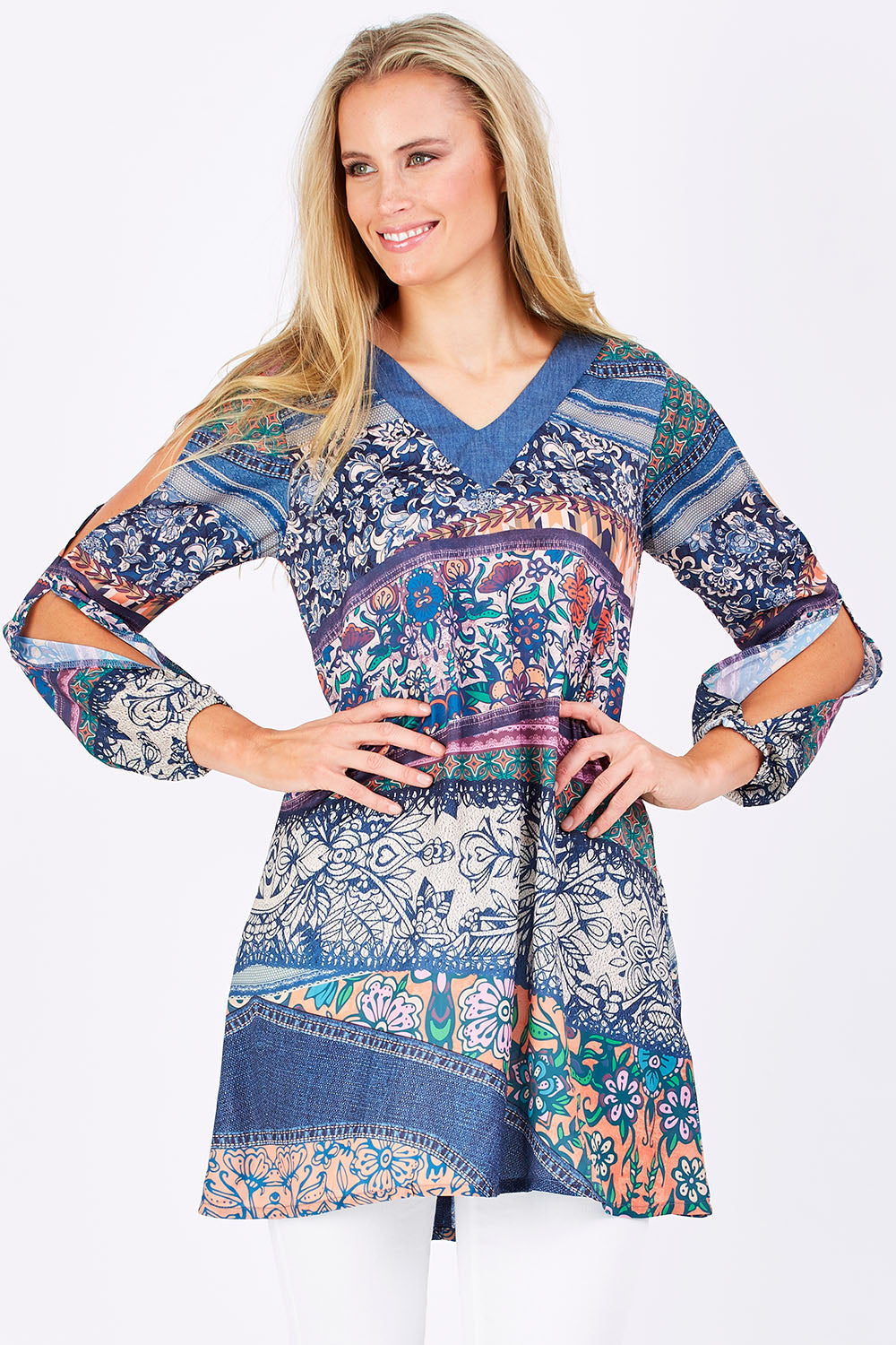 Model Maddy wearing the Indica Dress in colour Violet (Purple), from the front, cropped image